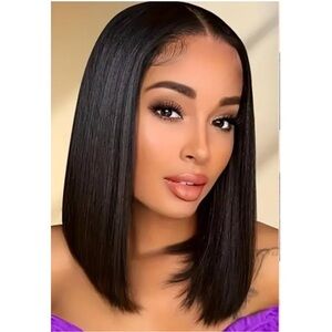14” Synthetic Fiber Black Straight Bob Wig Middle Part #MA7